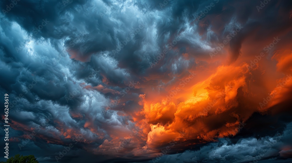 Dramatic Sunset Sky with Fiery Orange Clouds and Dark Storm Clouds Dramatic Sunset Sky with Fiery Orange Clouds and Dark Storm Clouds
