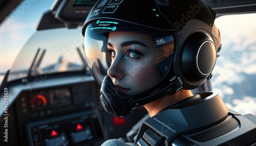 Woman pilot operating aircraft with city skyline view