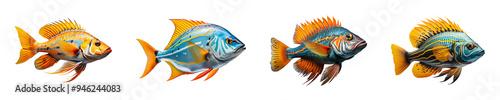 Set, collection of Marine Fish isolated on transparent background.