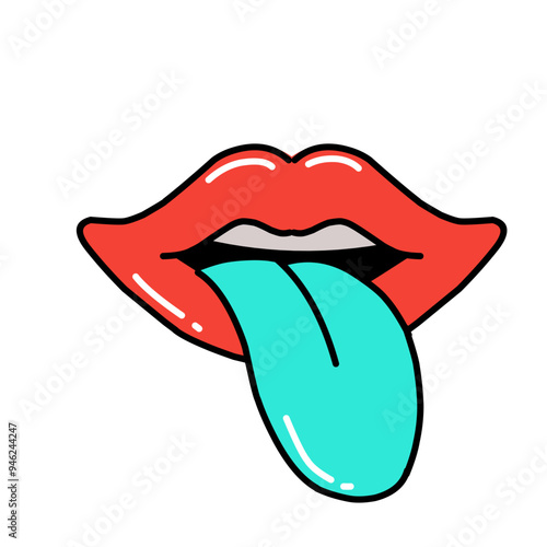 clipart illustration of mouth sticker sticking out tongue, retro vintage style Doodle sticker