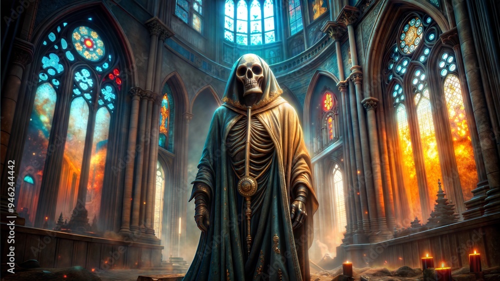 Skeletal figure in hooded robe standing in burning gothic cathedral with stained glass windows Skeletal figure in hooded robe standing in burning gothic cathedral with stained glass windows