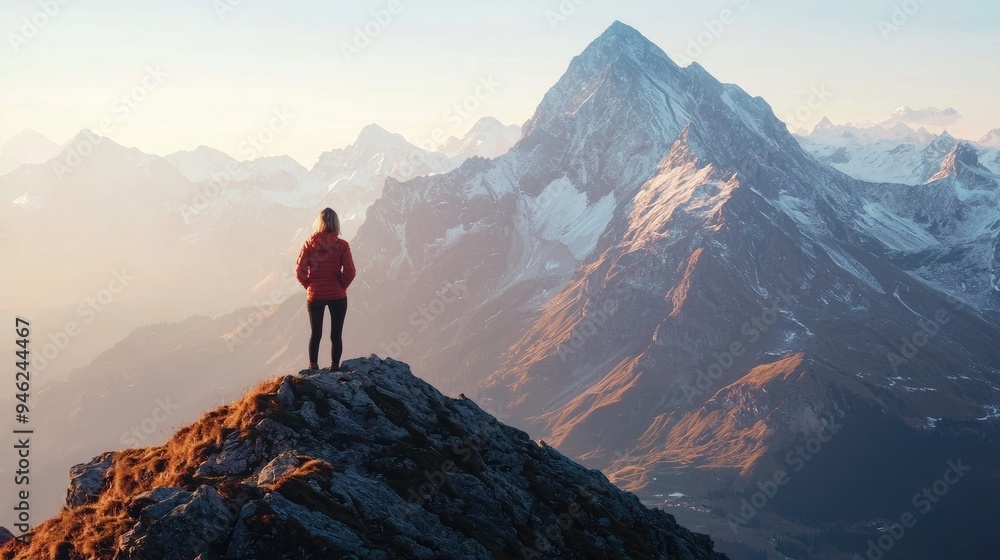 A person gazing at a mountain peak, ready to embark on a challenging hike, representing personal ambition. A person gazing at a mountain peak, ready to embark on a challenging hike, representing personal ambition.