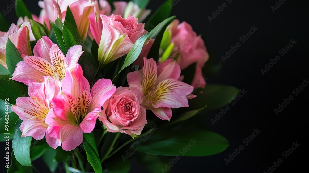 Fototapeta premium A bouquet of pink flowers and green leaves, arranged in a vase, adding a touch of elegance to any room.