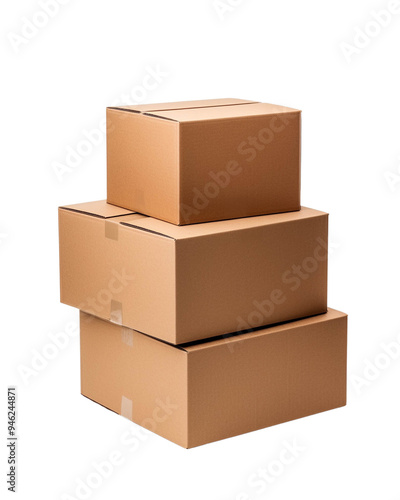 Three stacked cardboard boxes ready for shipping. Ideal for packaging, PNG