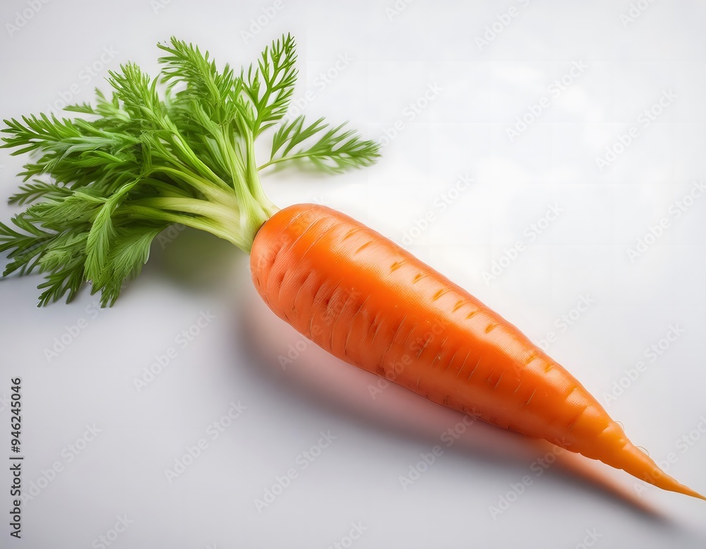A vibrant orange carrot with fresh green tops, lying on a white background A vibrant orange carrot with fresh green tops, lying on a white background