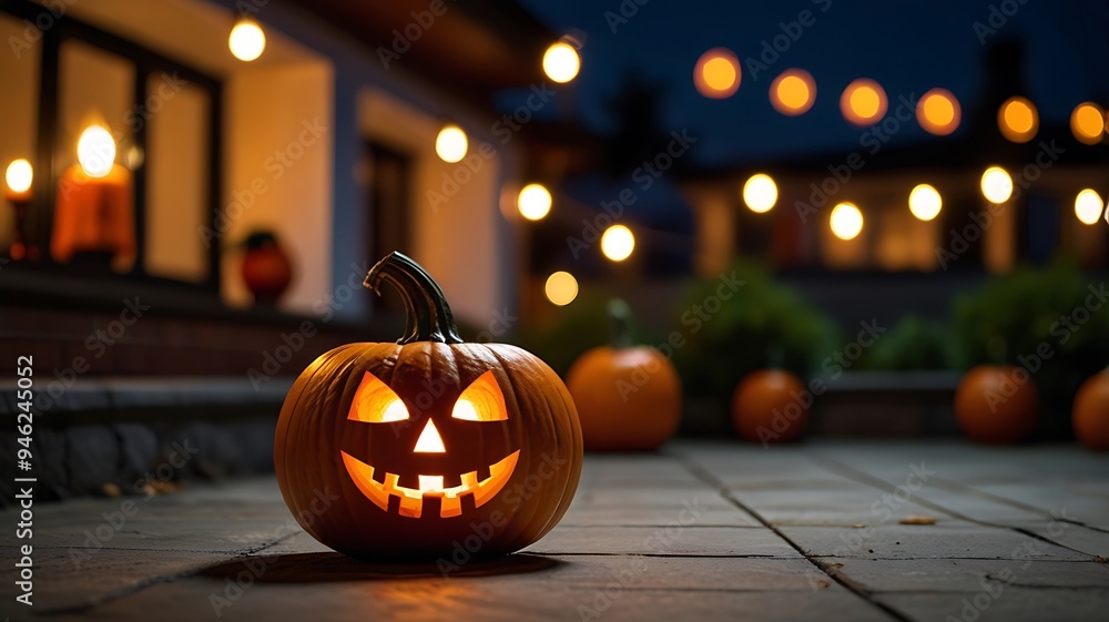 Fototapeta premium Pumpkin lanterns with blurred backgrounds at night on the house terrace