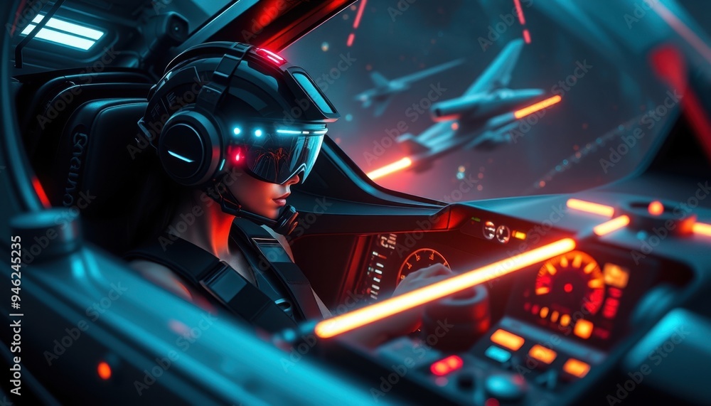 Woman in spaceship cockpit with Star Wars fighter behind. Woman in spaceship cockpit with Star Wars fighter behind.