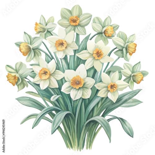 Vibrant Watercolor Illustration of White Daffodils with Yellow Centers