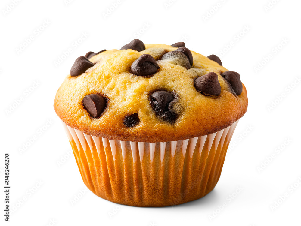 Bakery-fresh chocolate chip muffin, wrapped in a white liner, showcasing its fluffy texture and chocolatey goodness on a transparent backdrop Bakery-fresh chocolate chip muffin, wrapped in a white liner, showcasing its fluffy texture and chocolatey goodness on a transparent backdrop