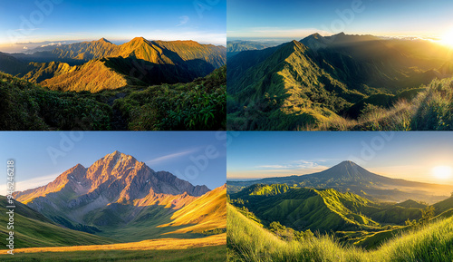 A panoramic view of the mountain peak at sunrise photo