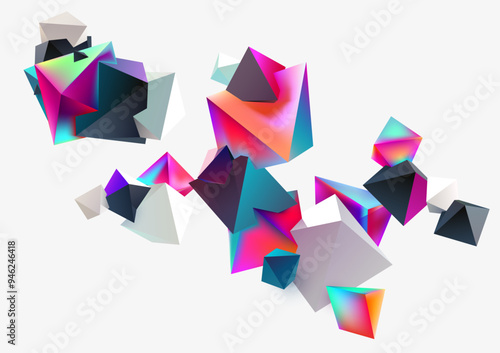 Colored 3D pyramids. Abstract background of flying iridescent geometric shapes.