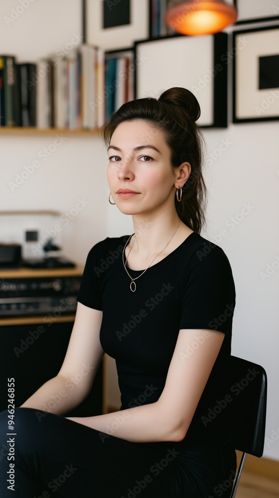 A woman sits calmly in a stylish room, embodying an air of tranquility and contemplation A woman sits calmly in a stylish room, embodying an air of tranquility and contemplation