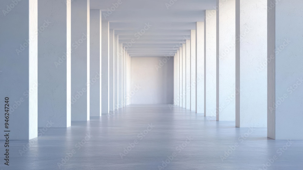 Fototapeta premium Abstract depiction of broken columns in a stark, empty space, black and white with red accent, modern art