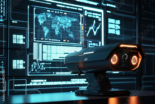 A cutting-edge security camera with a futuristic design, featuring glowing LED indicators, placed in front of a digital screen filled with real-time analytics and surveillance data