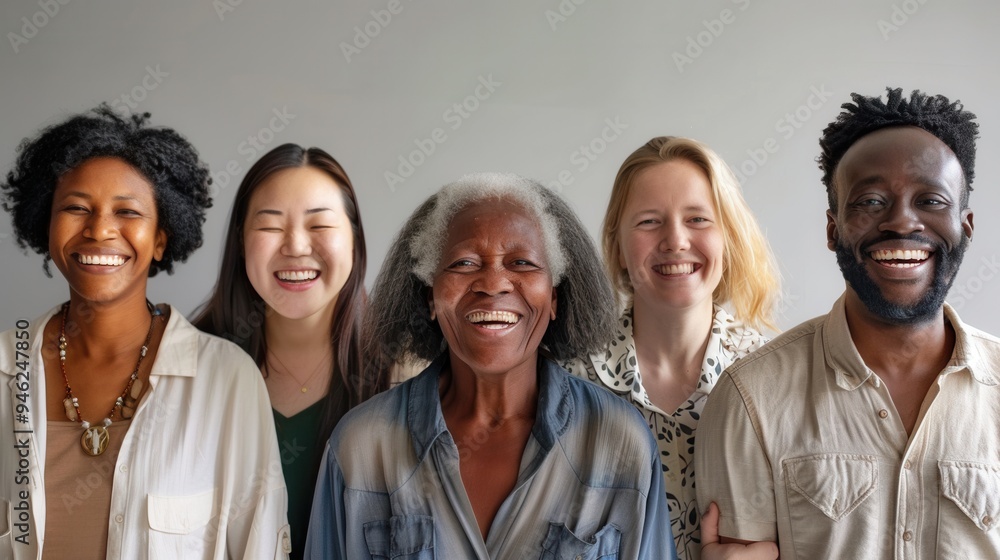 A cheerful group of five individuals from different backgrounds stands together, sharing smiles in a well-lit studio. Generative AI A cheerful group of five individuals from different backgrounds stands together, sharing smiles in a well-lit studio. Generative AI