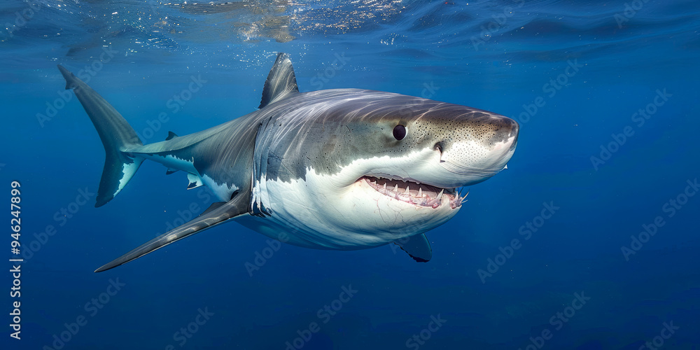Fototapeta premium A great white shark swims gracefully in clear blue waters during a sunny day near coastal reefs