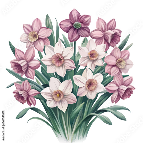 Watercolor Illustration of Pink and White Daffodils with Delicate Petals