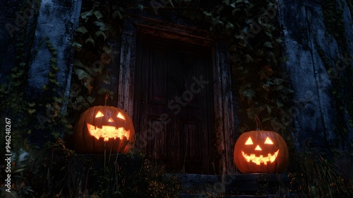 Wallpaper Mural Close-up of a haunted house entrance with overgrown ivy and jack-o-lanterns flickering eerily in the dark Torontodigital.ca