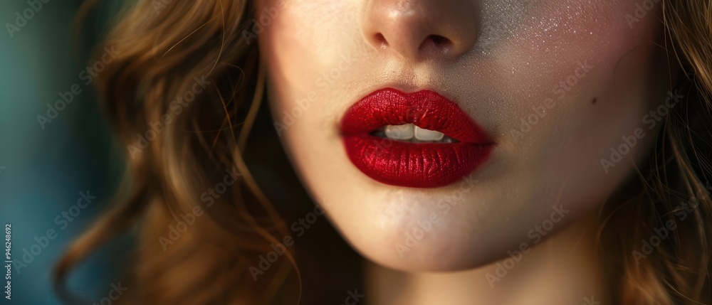 Close-up of a woman's glossy red lips, captured in warm, radiant lighting, emphasizing the texture and allure of her makeup Close-up of a woman's glossy red lips, captured in warm, radiant lighting, emphasizing the texture and allure of her makeup
