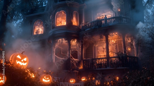 A haunted house with intricate details like cobweb-covered railings and flickering jack-o-lanterns lighting the way photo