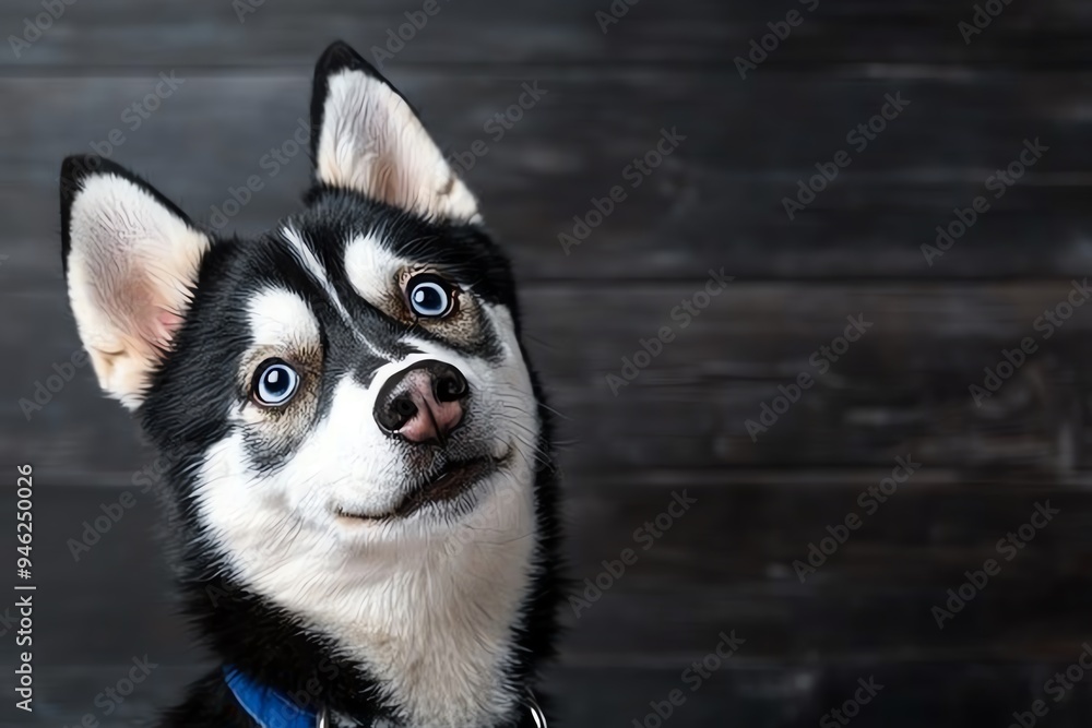 Obraz premium Funny Siberian Husky with a playful smirk, captured in a close-up photo that highlights its expressive eyes and silly expression