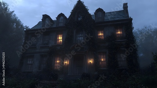 A spooky old house with flickering candles in the windows and overgrown ivy creeping up the front