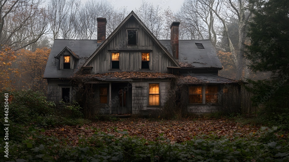 A dilapidated house with broken windows and eerie lighting, surrounded by overgrown plants and fallen leaves A dilapidated house with broken windows and eerie lighting, surrounded by overgrown plants and fallen leaves