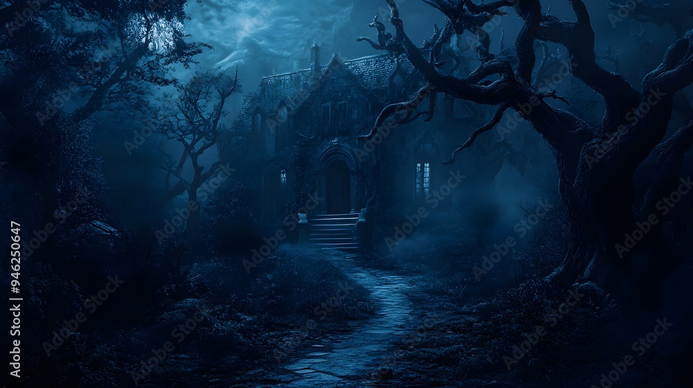 A spooky house with twisted branches and a dimly lit pathway leading to the eerie entrance A spooky house with twisted branches and a dimly lit pathway leading to the eerie entrance