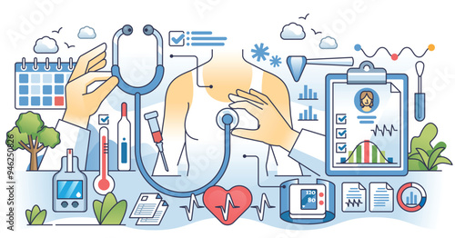 Physical examination and patient health checkup outline hands concept. Detailed heart diagnostics for medical disease or illness prevention vector illustration. Clinical body analysis for wellness.