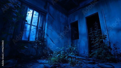 A haunted house with eerie blue lighting casting shadows on the overgrown plants and cracked walls