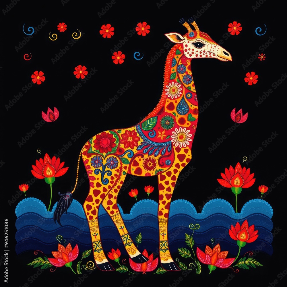 Fototapeta premium Pattern with giraffe, Abstract painting, Animale pattern, flower ornament pattern.seamless pattern with giraffe and flowers