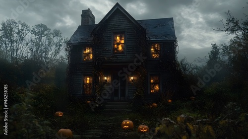 A dark, moody house with tangled vines and jack-o-lanterns glowing faintly in the windows