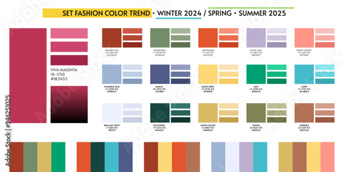 New Fresh Fashion color trend Winter 2024 Spring 2025. Color palette forecast of the future color trend. Stock vector palette of shades