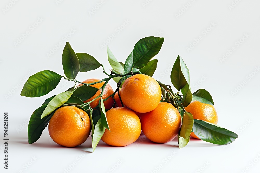 A cluster of fresh oranges with green leaves on a white background. A cluster of fresh oranges with green leaves on a white background.