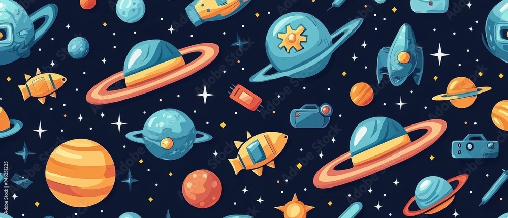 Naklejka premium Colorful 8-bit alien invaders pattern featuring retro arcade game elements and vibrant space motifs