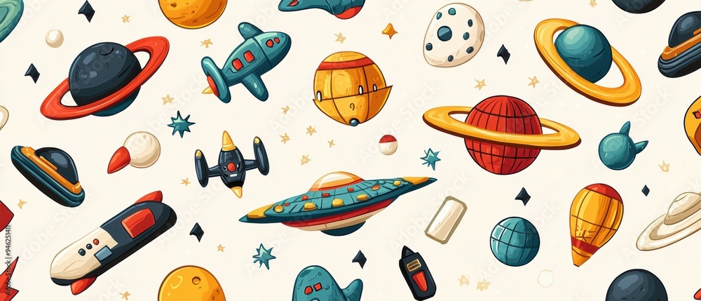 Playful repeating design with 8-bit style alien invaders, rockets, and ...