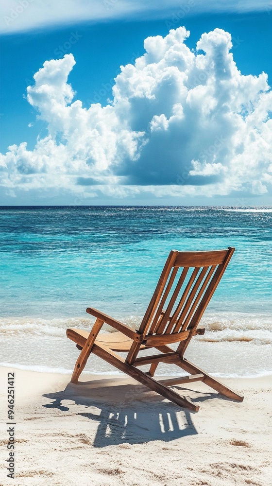 Inviting wooden beach chair on pristine white sand overlooking turquoise ocean waters, with dramatic fluffy clouds billowing in bright blue sky above. Inviting wooden beach chair on pristine white sand overlooking turquoise ocean waters, with dramatic fluffy clouds billowing in bright blue sky above.