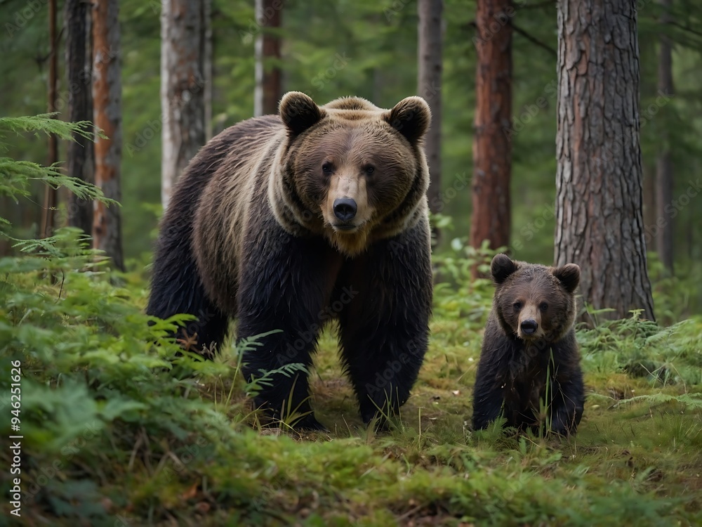 In a peaceful forest glade, a mother bear and her playful cubs enjoy their natural habitat In a peaceful forest glade, a mother bear and her playful cubs enjoy their natural habitat