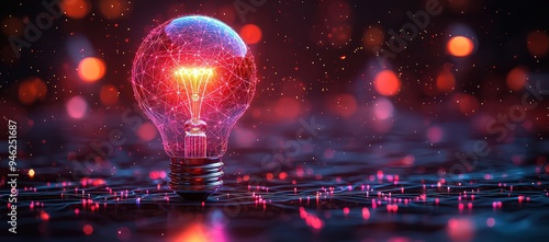 Abstract background with a glowing light bulb and digital network connections in dark purple, red, and blue colors. 