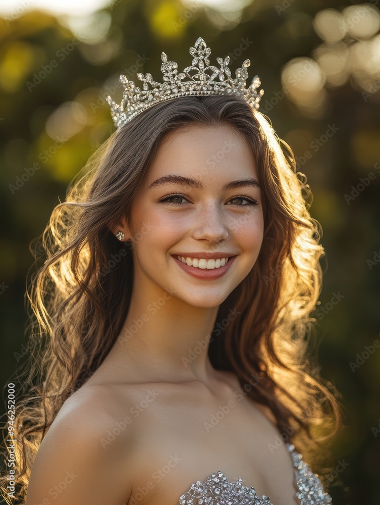 A young woman wearing a sparkling tiara is captured smiling in a sunlit garden. The soft light enhances her natural beauty, giving the image a serene and magical atmosphere. A young woman wearing a sparkling tiara is captured smiling in a sunlit garden. The soft light enhances her natural beauty, giving the image a serene and magical atmosphere.