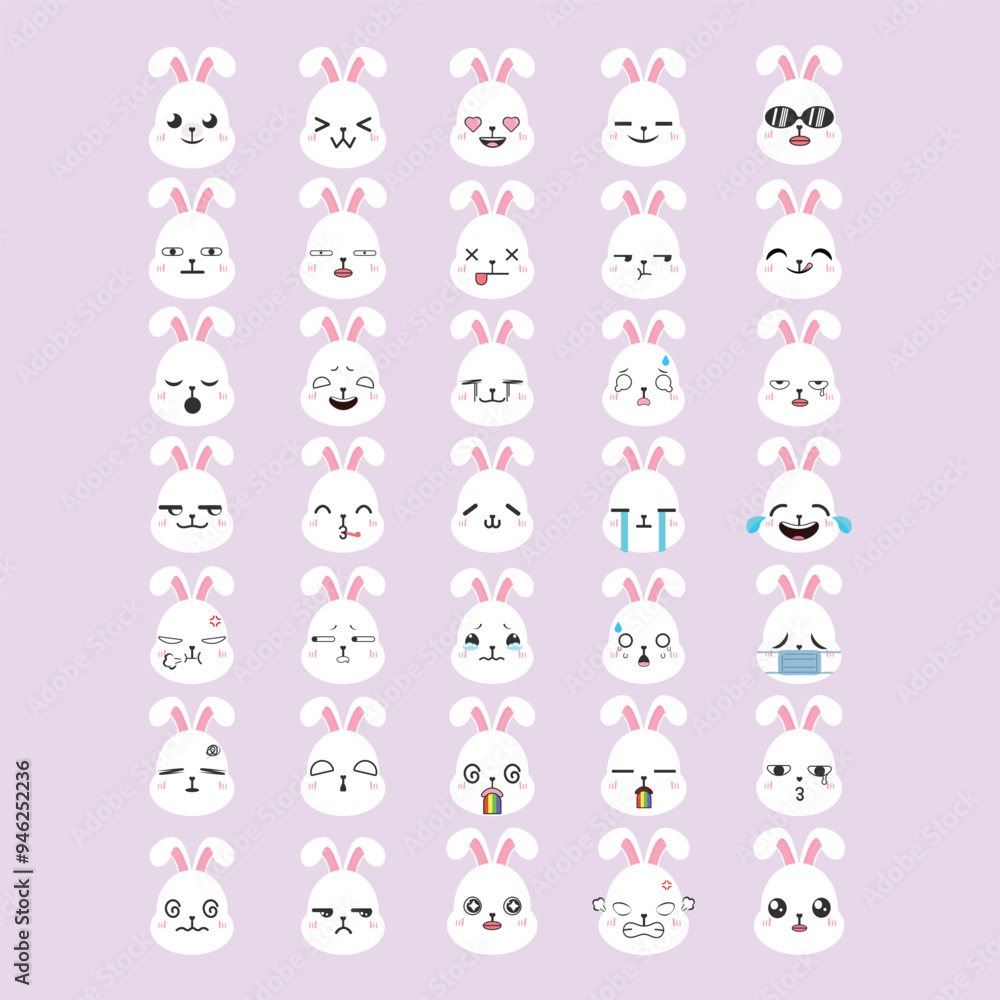 White bunny emoji set, bunny stickers, faces, vector style for Print on T-Shirts, Posters, Creating Logos, patterns, web designs and Social Media White bunny emoji set, bunny stickers, faces, vector style for Print on T-Shirts, Posters, Creating Logos, patterns, web designs and Social Media