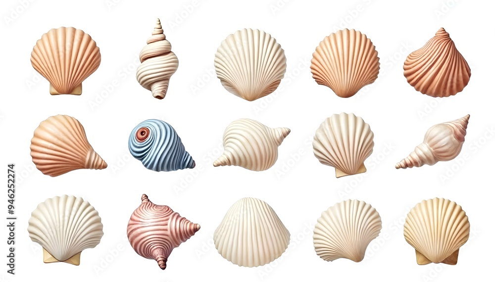 Collage of seashells with various shapes Collage of seashells with various shapes