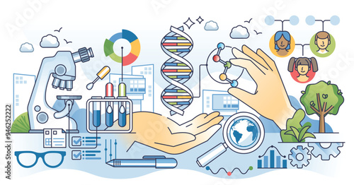 Genetic testing and DNA heritage gene mutations outline hands concept. Ancestors genome analytics for disease or health cognition possible variants vector illustration. Parents and offspring helix.