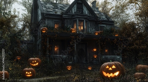 An old, dilapidated house with flickering jack-o-lanterns on the porch and overgrown bushes creeping up the walls photo