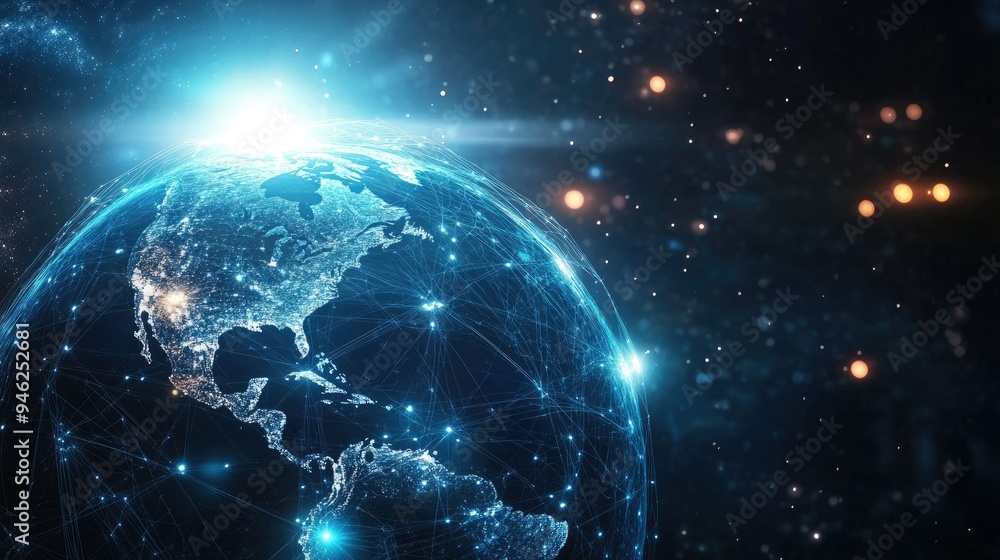 3D globe with glowing network lines, no people, open space for text 3D globe with glowing network lines, no people, open space for text