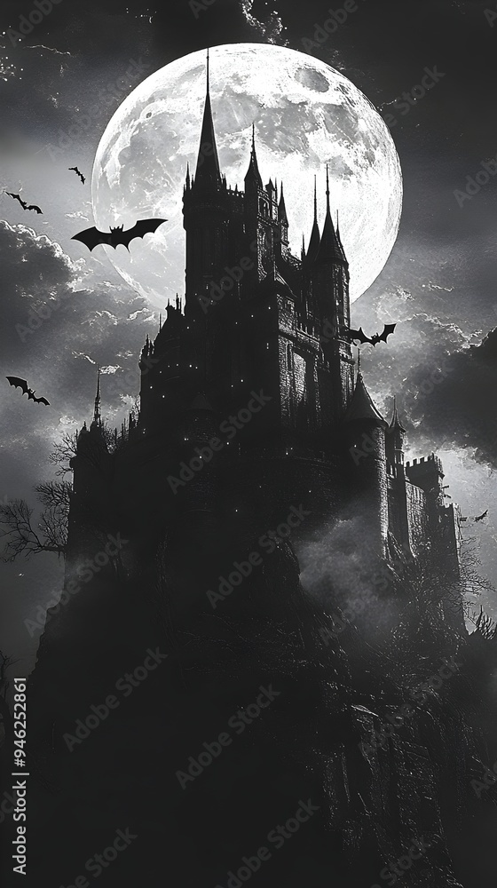 Fototapeta premium Haunting Gothic Medieval Castle Against Stormy Night Sky with Full Moon and Bats