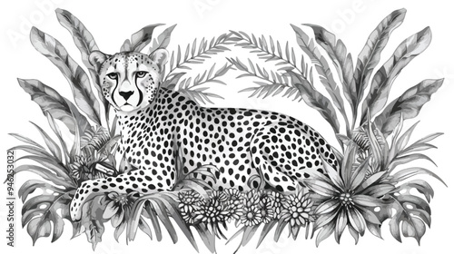 Tropical Cheetah in Vintage Exotic Jungle Leaves