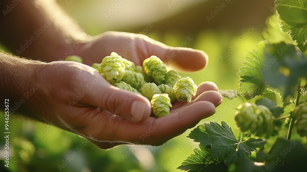 Freshly harvested hops being inspected in hands, showcasing vibrant green color and natural beauty of plant. Freshly harvested hops being inspected in hands, showcasing vibrant green color and natural beauty of plant.