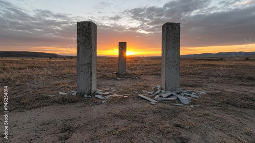 Sunset over a barren landscape with three broken columns, stark contrast, modern minimalism