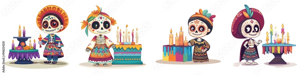 Colorful illustrated characters celebrating a festive occasion with candles and traditional attire, perfect for cultural themes. Colorful illustrated characters celebrating a festive occasion with candles and traditional attire, perfect for cultural themes.